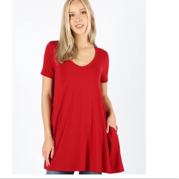 Small NEW Womens Red Pocket Shift Christmas Dress, Short Sleeve V-Neck Dress - Picture 5 of 6